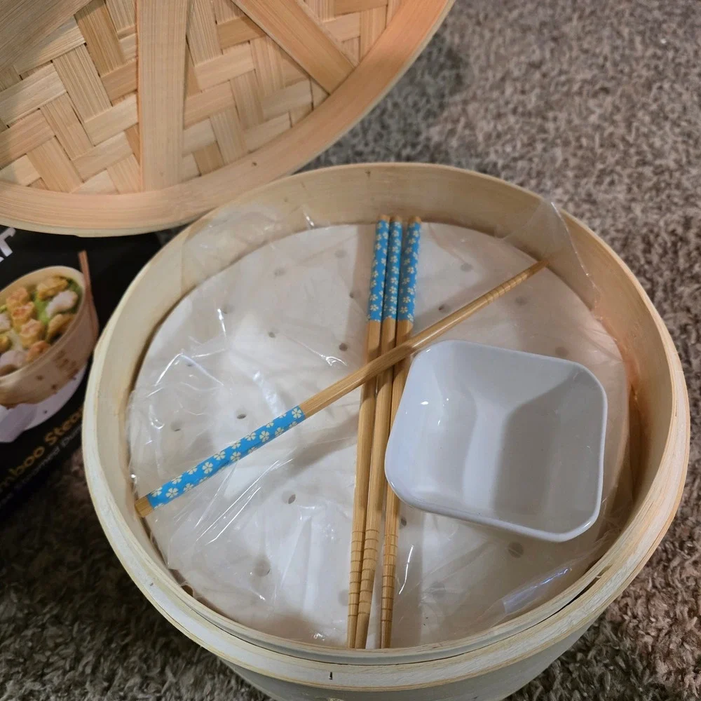 KelRober 10 Inch Bamboo Steamer Set 2‎ Tier Chinese Dumpling Dim Sum Basket New